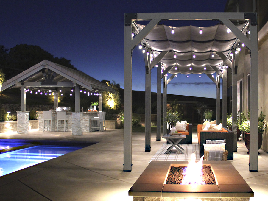 Backyard with two pergolas built with Outdoor Accents® Avant Collection™ hardware.