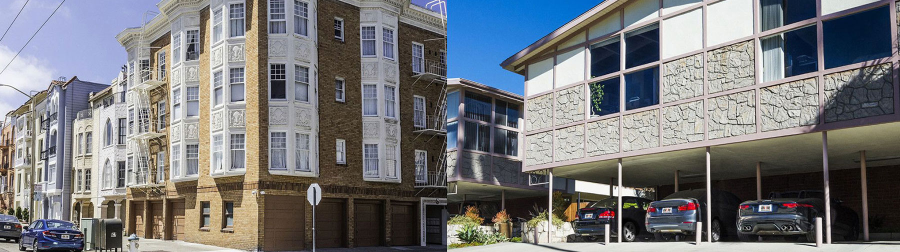 Various buildings and parked cars