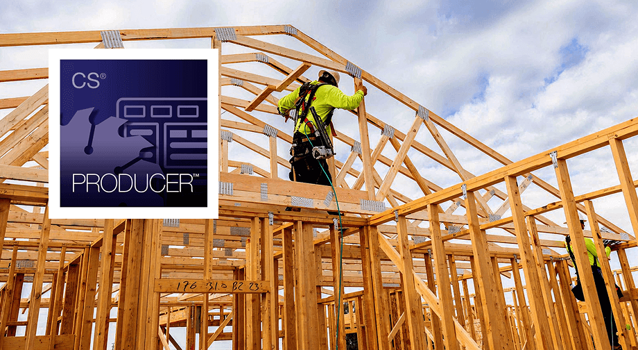 Two workers install wood roof trusses on a framed building under a partly cloudy sky. CS Producer logo is shown on the left.