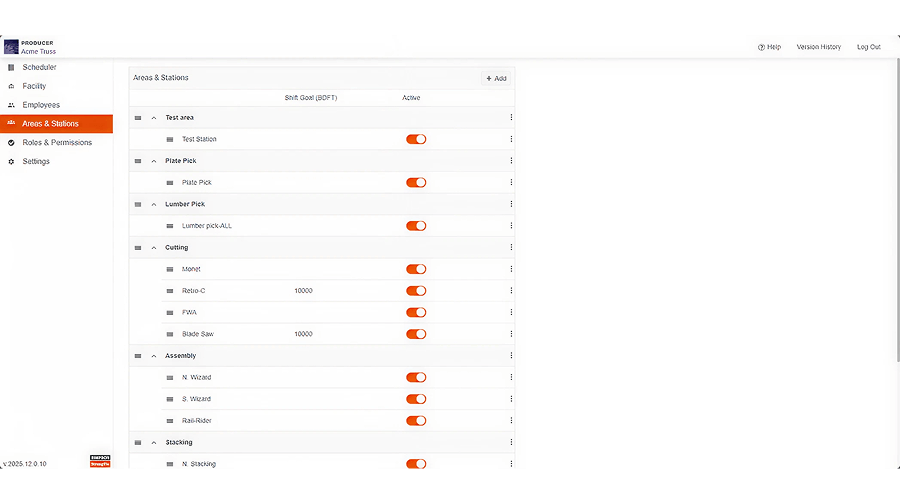 Screenshot of CS Producer’s Areas & Stations page showing station groupings, shift goals, and toggle switches for activation.
