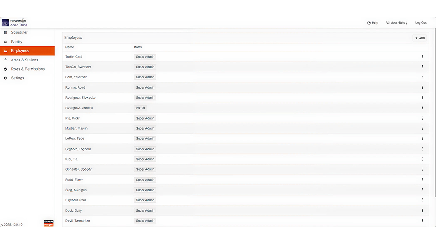 CS Producer employee list screen with roles assigned. Most listed users are labeled “Super Admin.”