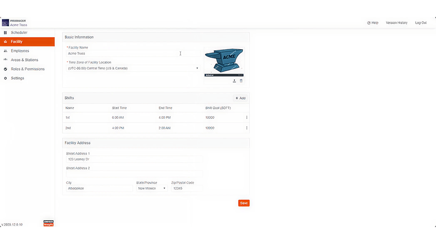 CS Producer facility setup screen showing basic info, shift times, and facility address fields.