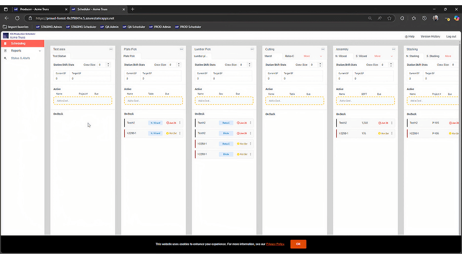 CS Producer schedule board with station cards for each area, showing active projects, crews, and shift assignments.