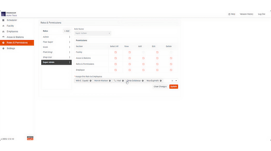 CS Producer roles and permissions screen showing access levels and users assigned to the Super Admin role.