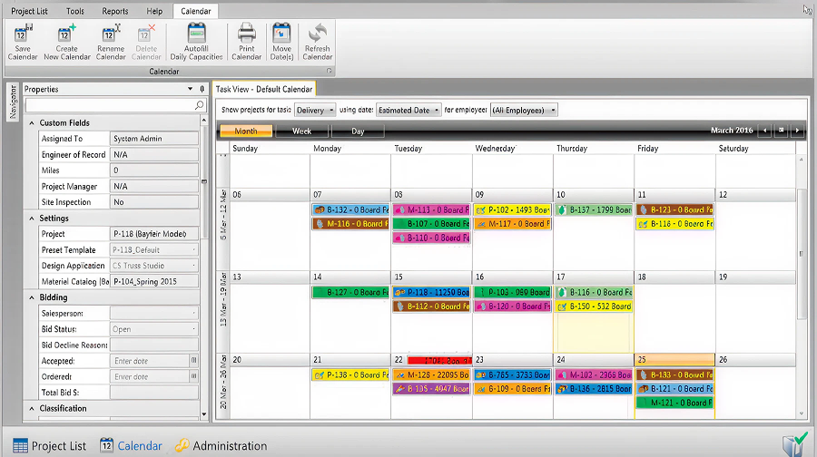 Project management calendar for March 2016 with color-coded tasks labeled by codes like 'B-312'. Left panel shows project details including manager, site, and bid status.