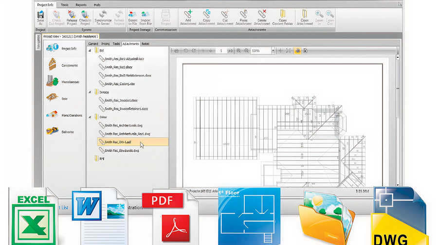 Computer screen with project management software showing a technical drawing. File icons for Excel, Word, PDF, Floor Plan, and DWG are visible at the bottom.