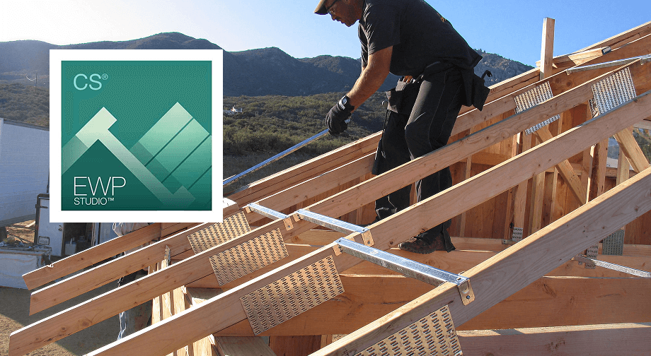 Construction worker installs truss hardware on a residential roof under clear skies, overlaid with the EWP Studio software logo.