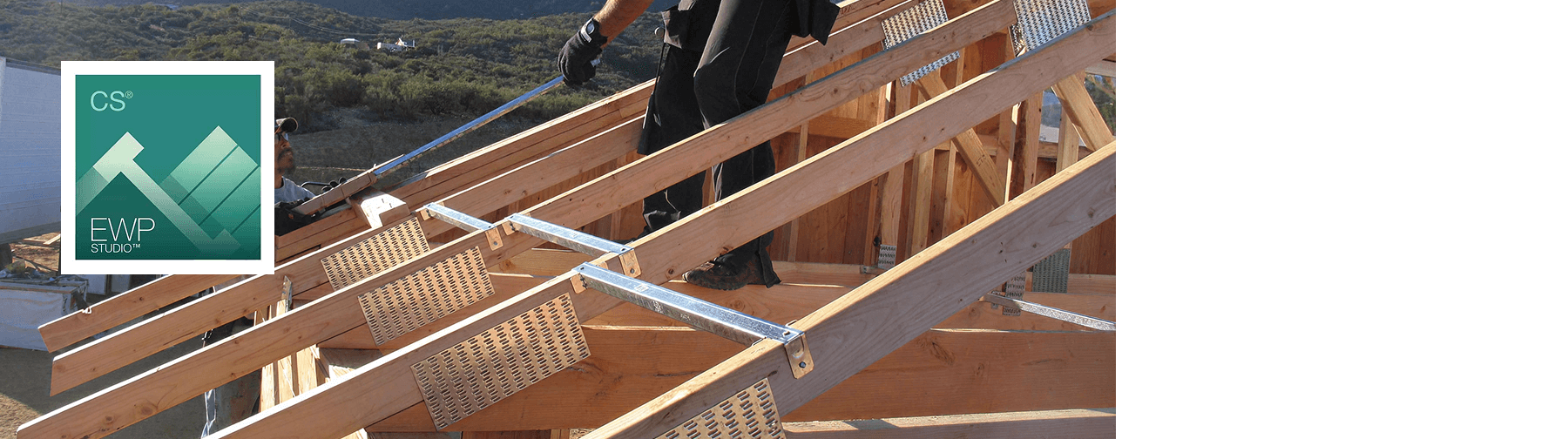 Construction worker installs truss hardware on a residential roof under clear skies, overlaid with the EWP Studio software logo.