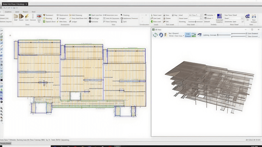 Computer screen with architectural software showing a floor plan on the left and a 3D building model on the right.