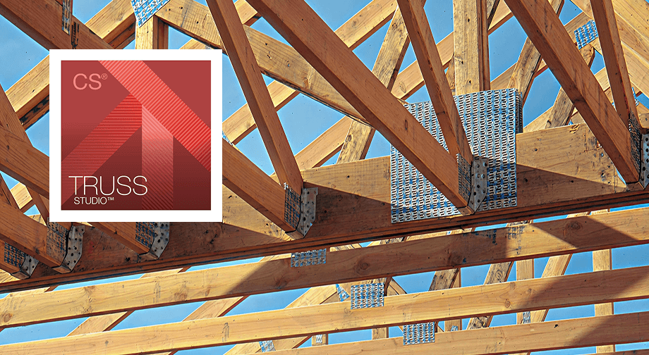 Wood trusses fastened with metal connector plates under a clear blue sky, with the CS Truss Studio™ logo overlaid on the left.