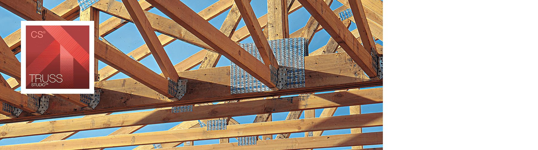 Wood trusses fastened with metal connector plates under a clear blue sky, with the CS Truss Studio™ logo overlaid on the left.