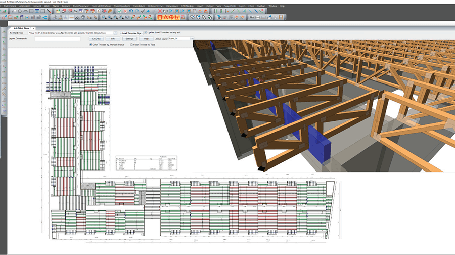 Computer screen with architectural software showing a 3D model of wooden trusses on the right and a detailed floor plan layout on the left.