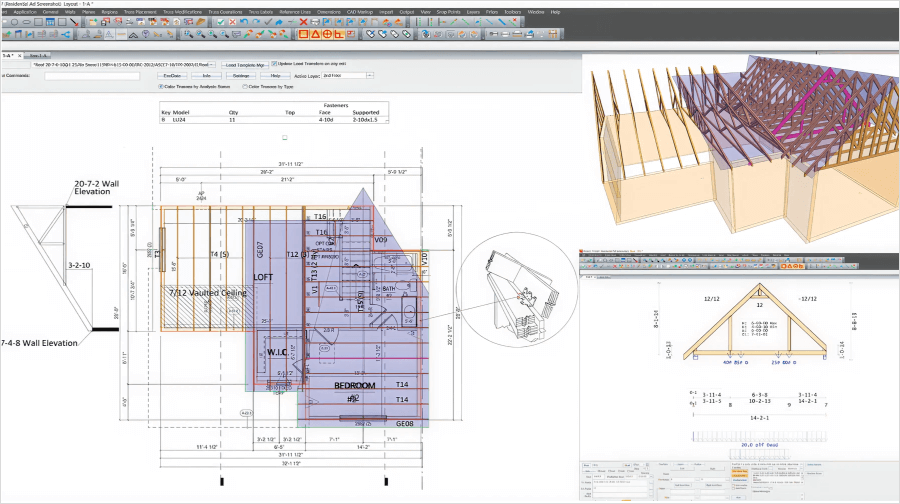 Architectural software screen showing floor plans, wall elevations, and 3D roof models. Labels include 'LOFT,' 'BEDROOM,' and 'W.I.C.' with measurements throughout.