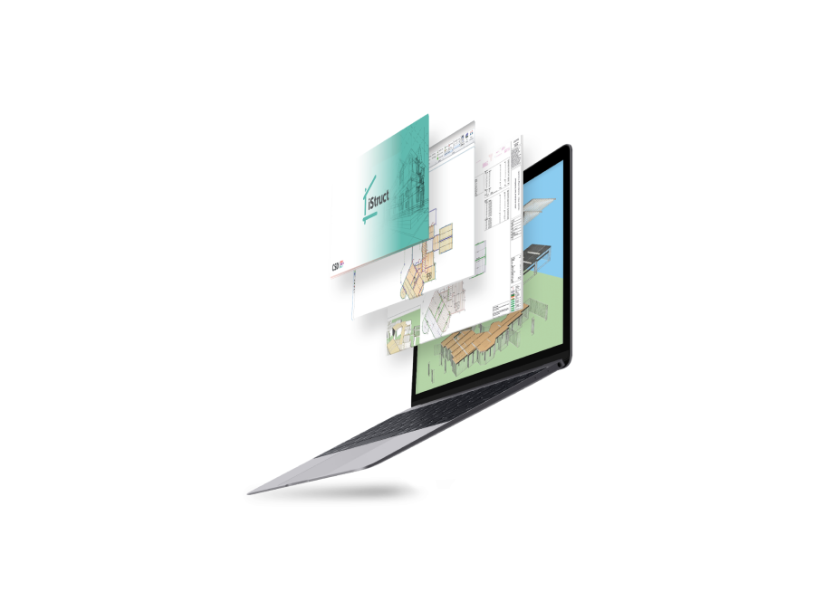 Graphic overlay of iStruct software application suite on laptop computer.