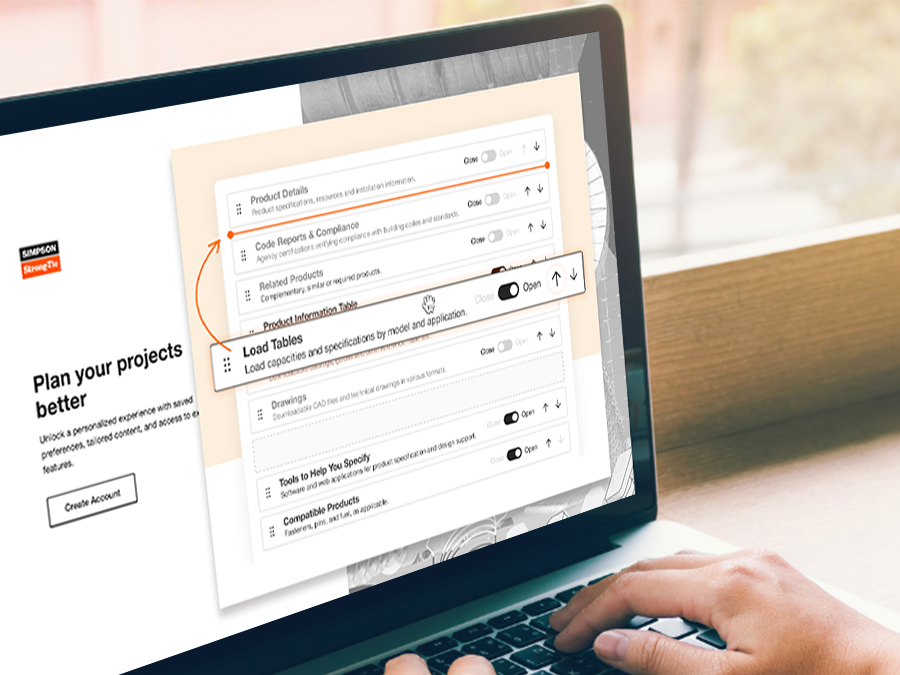 Person using a laptop viewing Simpson Strong-Tie’s personalized project planning dashboard with expanded load table section.