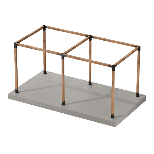A 3D-rendered double pergola frame with Simpson Strong-Tie black metal connectors, installed on a concrete base, shown without a sunshade.