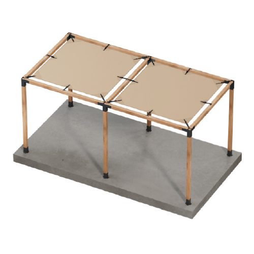 A 3D-rendered double pergola with Simpson Strong-Tie black metal connectors, installed on a concrete base, featuring two brown sunshades secured to the top frame.