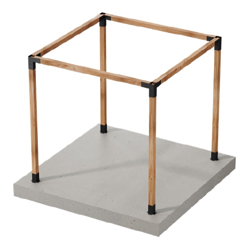 A 3D-rendered wooden pergola frame with Simpson Strong-Tie black metal connectors, built on a concrete base, shown without a sunshade.