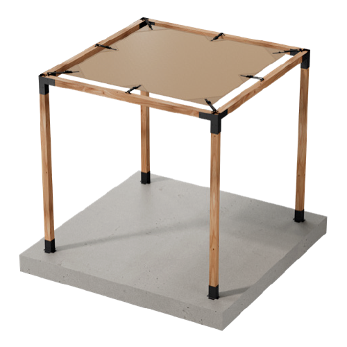 A wooden pergola with black metal brackets, installed on a concrete base. The structure has four vertical posts and horizontal beams, with a taut gray sunshade attached to the top for partial coverage.