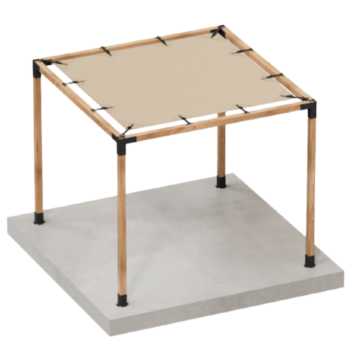 A 3D-rendered wooden pergola with Simpson Strong-Tie black metal connectors on a concrete base, featuring a 10x10 beige sunshade secured to the top frame.