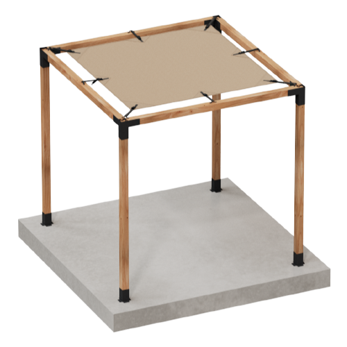 A 3D-rendered wooden pergola with Simpson Strong-Tie black metal connectors on a concrete base, featuring an 8x8 beige sunshade secured to the top frame.
