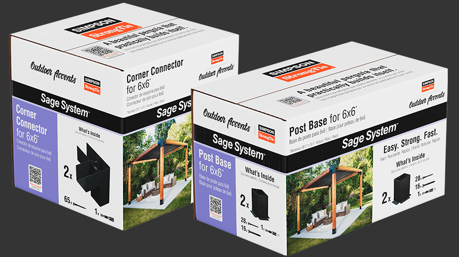 Sage System™ by Simpson Strong-Tie product packaging for 6x6 post bases and corner connectors, showcasing an easy, strong, and fast pergola-building solution.