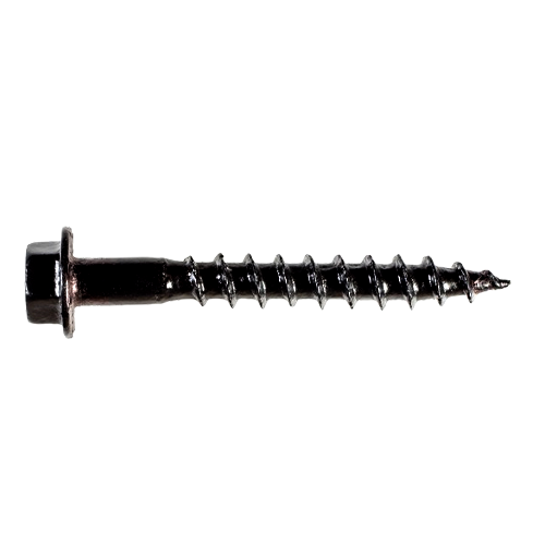 A black hex-head screw with a sharp tip and deep threads, designed for use with Simpson Strong-Tie outdoor accent connectors. (Outdoor Accents® Connector Screw)