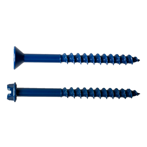 Two blue-coated concrete screws with flat and hex heads, featuring aggressive threading for secure fastening into masonry surfaces. (Titen® Turbo Concrete and Masonry Screws)