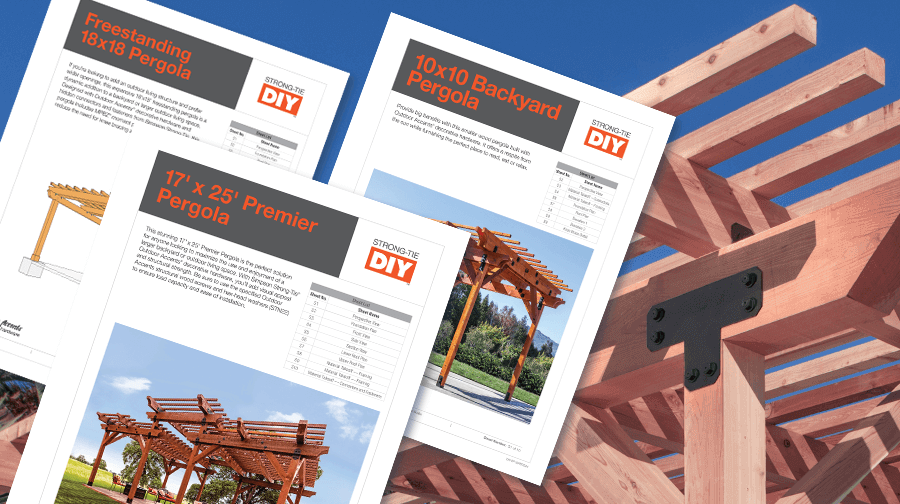 A collection of DIY pergola and pavilion plans from Simpson Strong-Tie, featuring wooden structures with metal connectors, set against a blue sky background.