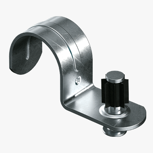 Metal conduit clip with pre-assembled pin and plastic washer, designed for gas-powered fastening applications.