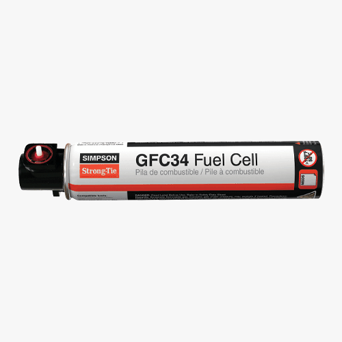 Simpson Strong-Tie GFC34 Fuel Cell canister designed for gas-actuated fastening tools, labeled in English and Spanish.