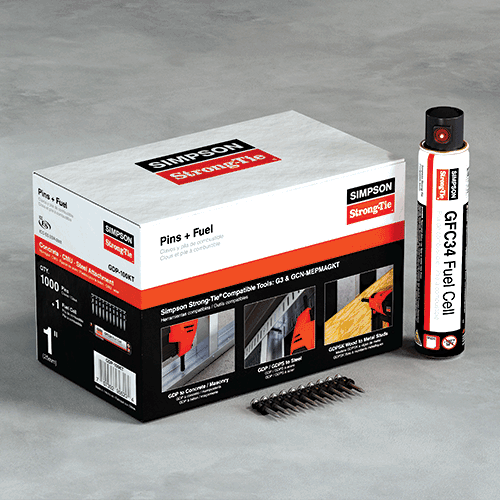 Box of Simpson Strong-Tie pins and GFC34 fuel cell for gas fastening tools, with loose pins shown beside the packaging.