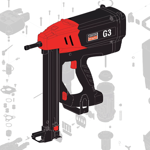 Illustrated diagram of a Simpson Strong-Tie G3 gas-actuated tool with labeled internal parts and assembly components shown in exploded view.