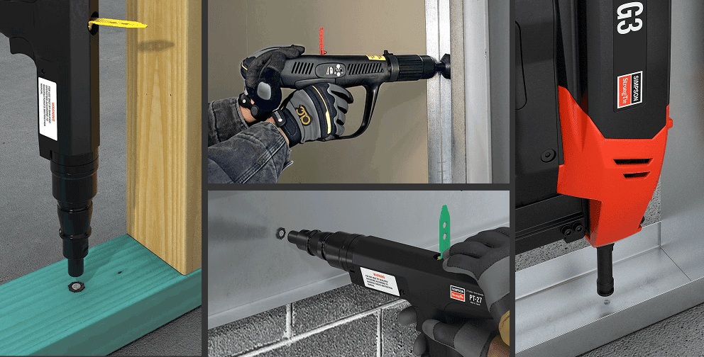 Collage of Simpson Strong-Tie direct fastening tools in use on wood, metal, and concrete surfaces, featuring the G3 and PT-27 models with close-up application shots.