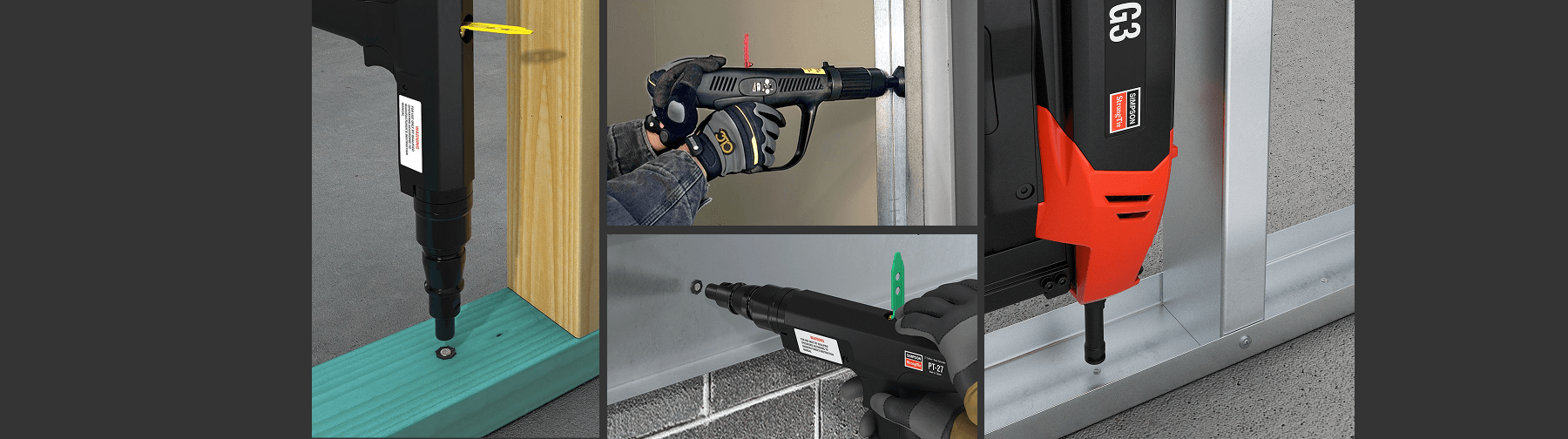 Collage of Simpson Strong-Tie direct fastening tools in use on wood, metal, and concrete surfaces, featuring the G3 and PT-27 models with close-up application shots.