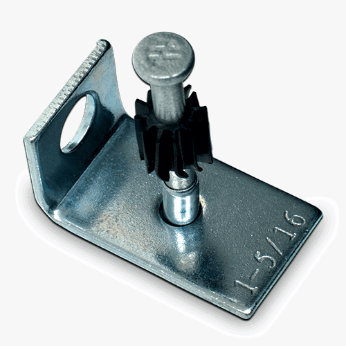 Zinc-plated 90-degree angle clip with pre-attached pin and washer, used for securing steel framing components