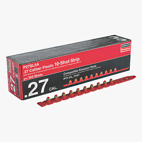 Box and 10-shot plastic strip of .27 caliber powder loads compatible with Simpson Strong-Tie powder-actuated tools.