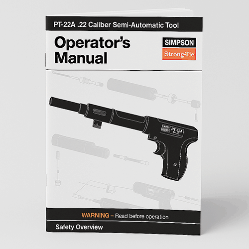 Cover of Simpson Strong-Tie PT-22A Operator’s Manual for the .22 caliber semi-automatic tool, featuring an illustrated tool and safety overview warning.