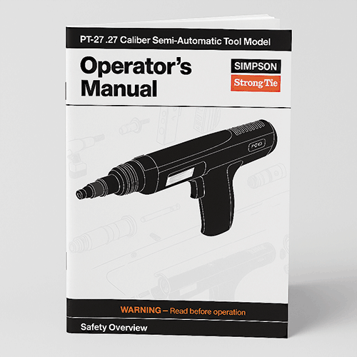 Cover of Simpson Strong-Tie PT-27 Operator’s Manual for the .27 caliber semi-automatic tool, with tool illustration and safety warning note.