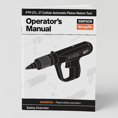 Cover of Simpson Strong-Tie PTP-27L Operator’s Manual for .27 caliber automatic piston return tools, with tool diagram and safety instruction.