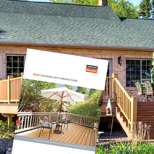A wooden deck attached to a brick house with outdoor furniture. Overlaid is Simpson Strong-Tie’s Deck Connection and Fastening Guide, offering recommendations for safe, code-compliant decks.