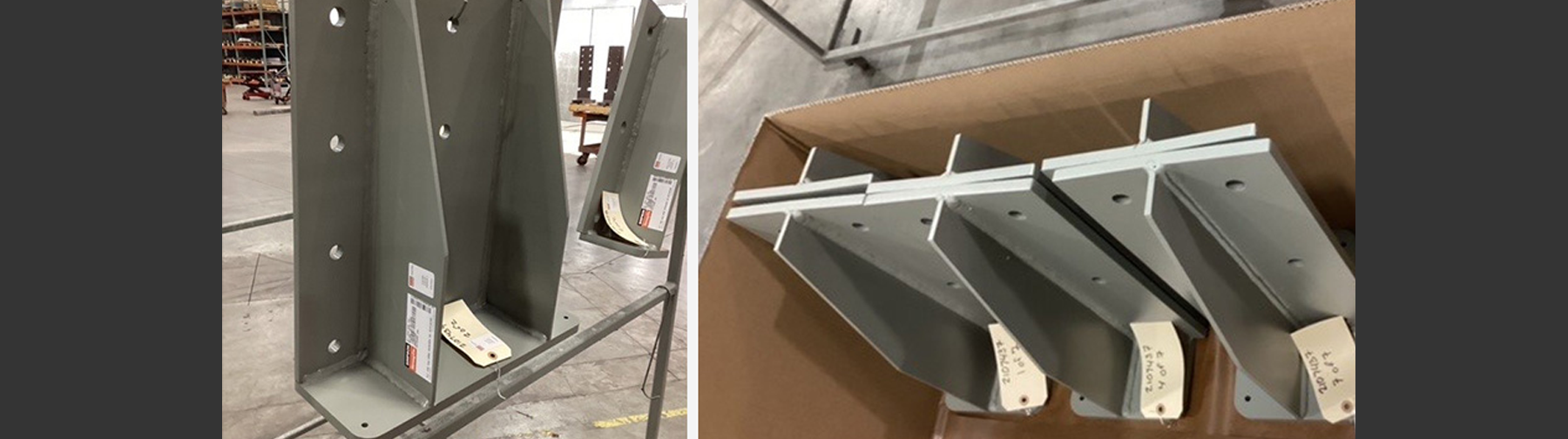 Custom-fabricated steel components hanging on rack in a warehouse. Second image displays a cardboard box with tagged custom-fabricated steel components sitting vertically.