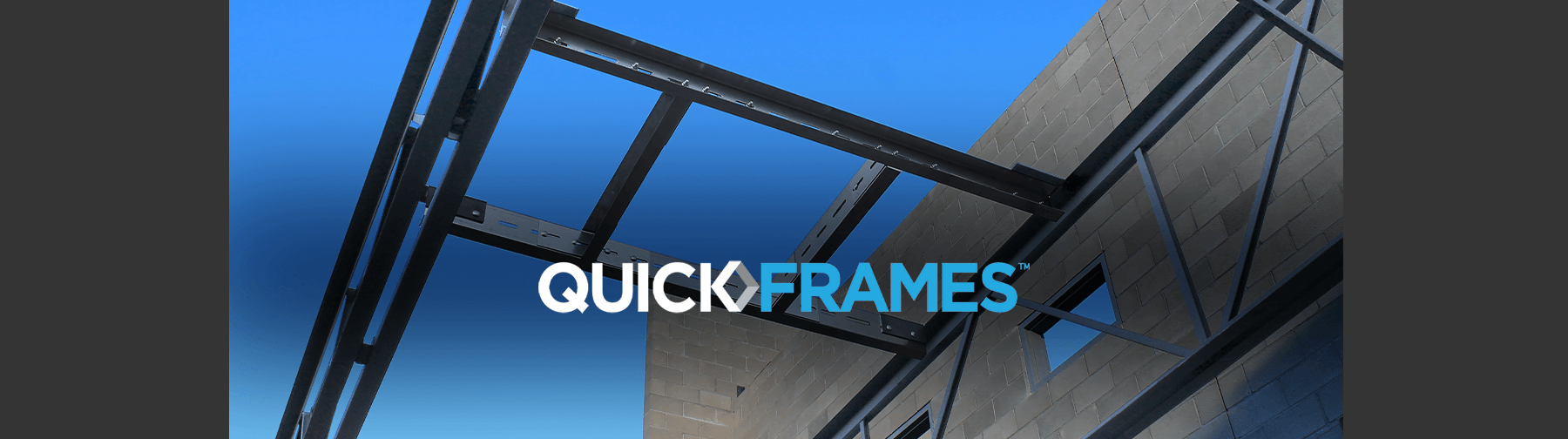 Steel QuickFrames system installed on a modern building under a clear blue sky, with QuickFrames logo overlay.