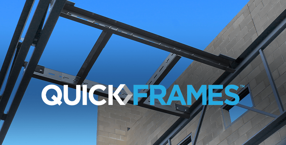 Steel QuickFrames system installed on a modern building under a clear blue sky, with QuickFrames logo overlay.