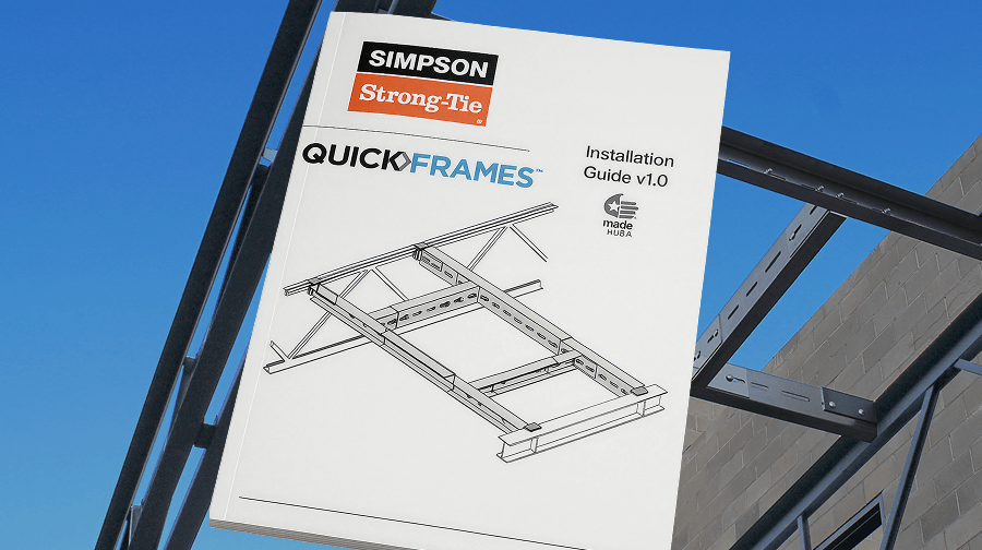 QuickFrames Installation Guide held in front of a steel structure with Simpson Strong-Tie branding and an illustration of a frame.