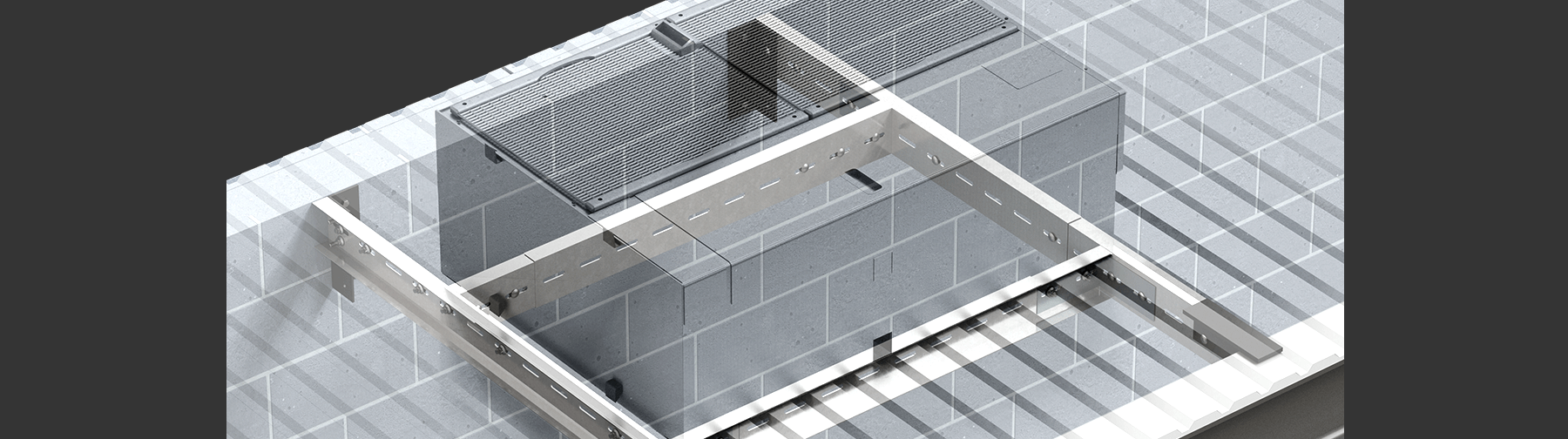 Rendered view of a QuickFrames structural frame supporting an HVAC unit, with a semi-transparent overlay illustrating its placement within a commercial roof system.